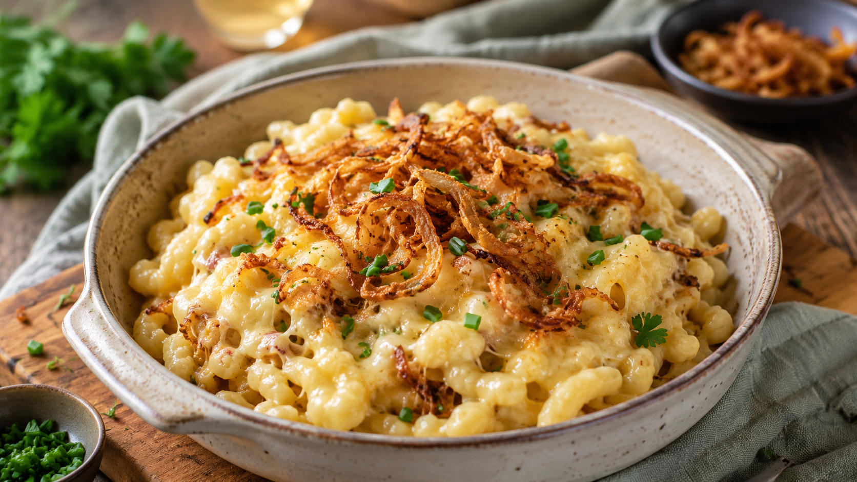 Spaetzle de queso con cebollas asadas 